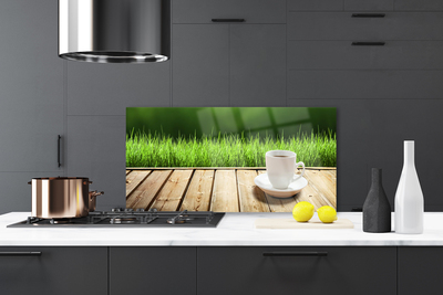 Painel vidro cozinha Caneca de Grama Natureza Madeira