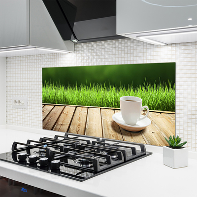 Painel vidro cozinha Caneca de Grama Natureza Madeira