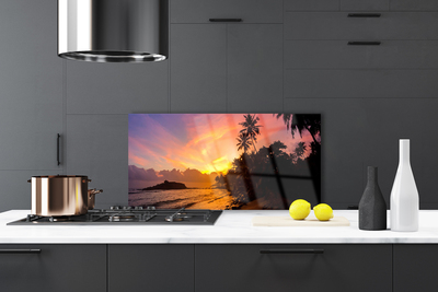 Painel vidro cozinha Paisagem de palmeiras, sol e mar