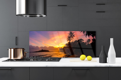 Painel vidro cozinha Paisagem de palmeiras, sol e mar