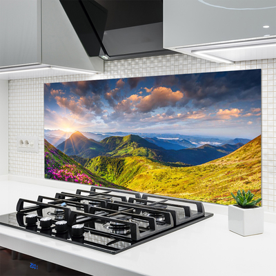 Painel cozinha Paisagem de prados de sol e montanhas