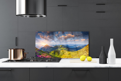 Painel cozinha Paisagem de prados de sol e montanhas