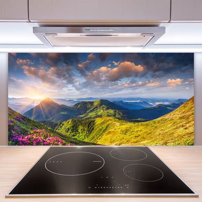 Painel cozinha Paisagem de prados de sol e montanhas
