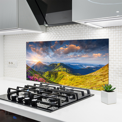 Painel cozinha Paisagem de prados de sol e montanhas