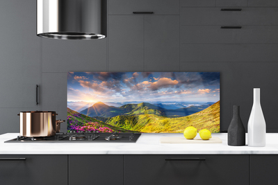 Painel cozinha Paisagem de prados de sol e montanhas