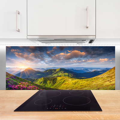 Painel cozinha Paisagem de prados de sol e montanhas