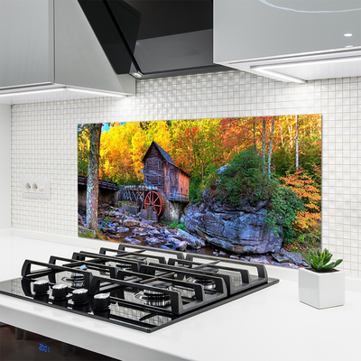 Painel vidro cozinha Moinho de água da floresta de outono