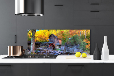 Painel vidro cozinha Moinho de água da floresta de outono