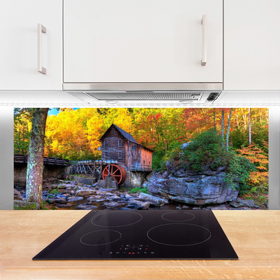 Painel vidro cozinha Moinho de água da floresta de outono