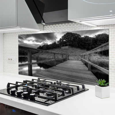 Painel vidro cozinha Píer do Lago Preto e Branco