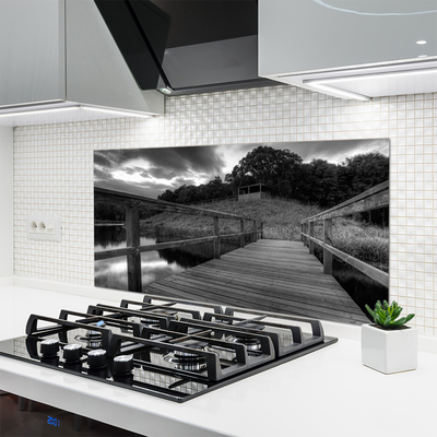 Painel vidro cozinha Píer do Lago Preto e Branco