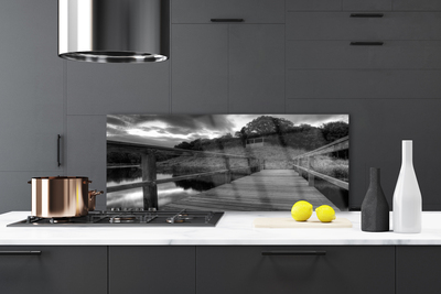 Painel vidro cozinha Píer do Lago Preto e Branco