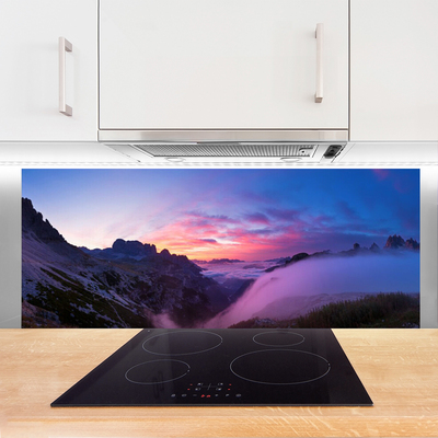 Painel vidro cozinha Nascer do sol nas montanhas de neblina