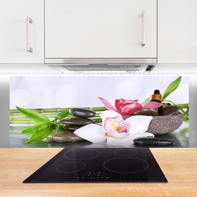 Painel vidro cozinha Flores de orquídea de bambu