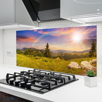 Painel vidro cozinha Montanhas Prado Natureza Céu