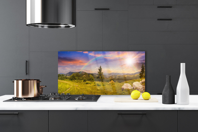 Painel vidro cozinha Montanhas Prado Natureza Céu