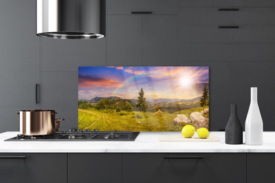 Painel vidro cozinha Montanhas Prado Natureza Céu
