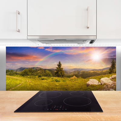 Painel vidro cozinha Montanhas Prado Natureza Céu