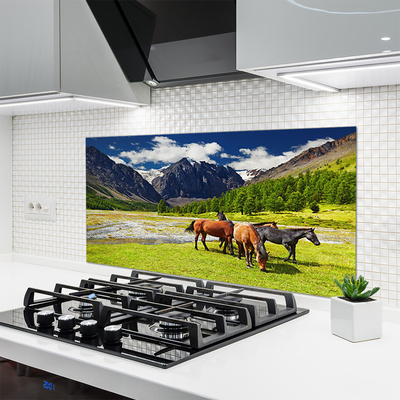Painel vidro cozinha Montanhas Árvores Cavalos Animais