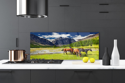 Painel vidro cozinha Montanhas Árvores Cavalos Animais