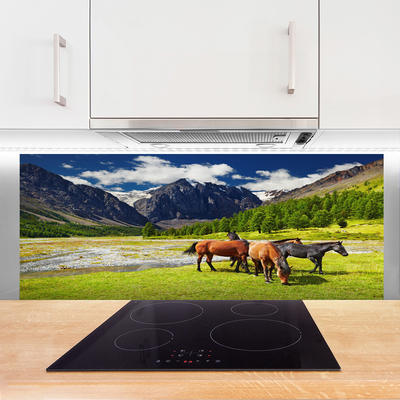Painel vidro cozinha Montanhas Árvores Cavalos Animais