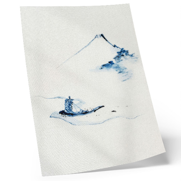 Impressão em tela Homem em um pequeno barco em um rio com o Monte Fuji ao fundo (1830–1850) por Hokusai