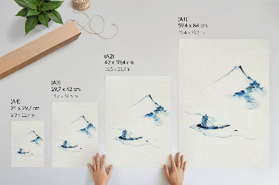 Impressão em tela Homem em um pequeno barco em um rio com o Monte Fuji ao fundo (1830–1850) por Hokusai