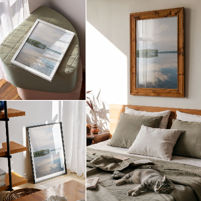 Poster decorativo paisagem calma com água, árvores e céu refletidos