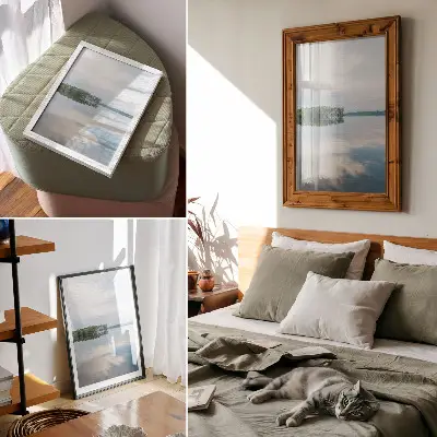 Poster decorativo paisagem calma com reflexo de árvores e céu na água