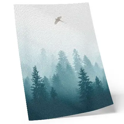 Poster para cozinha neblina suave com pássaro da floresta acima das árvores
