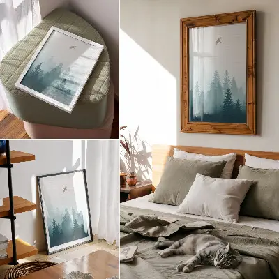 Poster para cozinha neblina suave com pássaro da floresta acima das árvores
