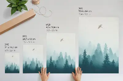 Poster para cozinha neblina suave com pássaro da floresta acima das árvores