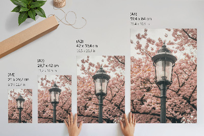 Poster decorativo Árvores cor-de-rosa, lanterna preta, atmosfera nostálgica