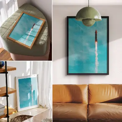 Poster decorativo de um foguete subindo em direção ao céu azul