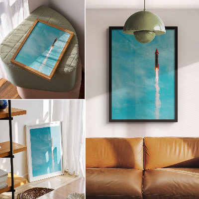 Poster decorativo Um foguete subindo em direção ao céu azul.