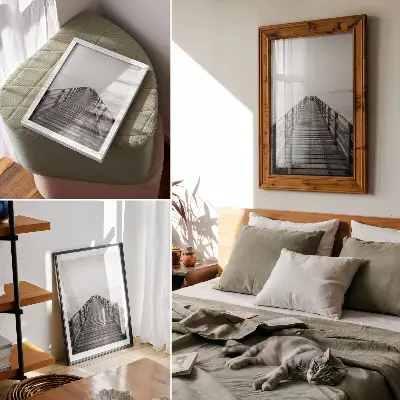 Arte de parede píer em preto e branco com águas calmas em estilo minimalista