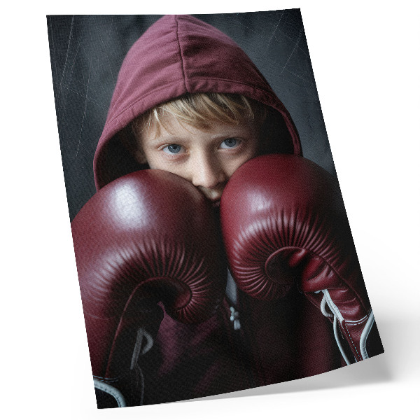 Poster decorativo Criança de moletom bordô, boxeador e luvas, minimalismo