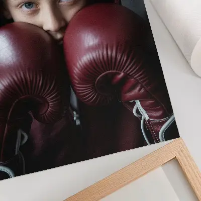 Poster decorativo criança de moletom bordô com luvas de boxe em estilo minimalista