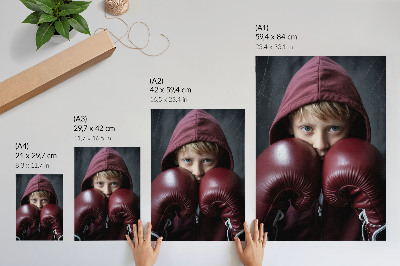 Poster decorativo Criança de moletom bordô, boxeador e luvas, minimalismo