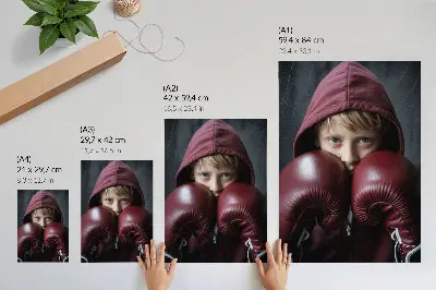 Poster decorativo criança de moletom bordô com luvas de boxe em estilo minimalista