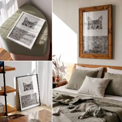 Impressão em tela gato com estilo minimalista em preto e branco por trás da superfície