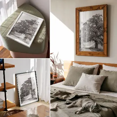 Pôster decorativo árvore monumental com paisagem pacífica