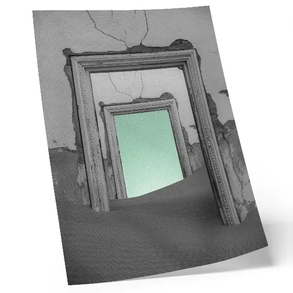 Impressão em tela deserto verde com prédios abandonados em estilo surrealista