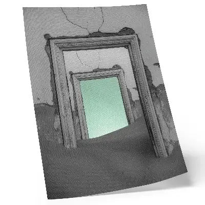 Impressão em tela deserto verde com prédios abandonados em estilo surrealista