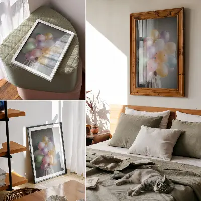 Poster decorativo com balões em tons pastel sobre um fundo cinza