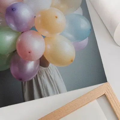 Poster decorativo com balões em tons pastel sobre um fundo cinza