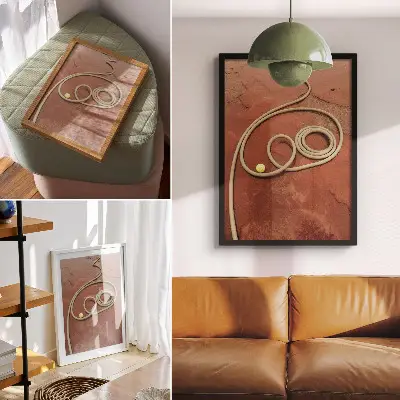 Poster decorativo com estampa de mangueira de jardim e bola vermelha de contraste intenso