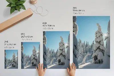 Arte de parede árvores cobertas de neve sob céu azul ensolarado