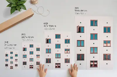 Poster decorativo com molduras laranjas, janelas azuis e fachada branca