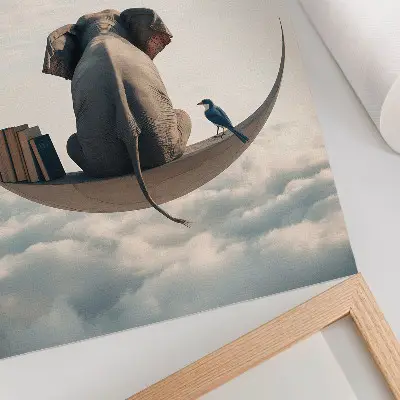 Poster para cozinha ilustração de um elefante sentado em uma lua crescente com livros entre nuvens